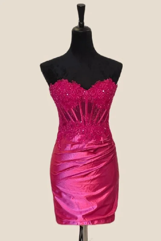 Embroidered cocktail dress-Fuchsia Appliques Tight Ruched Party Dress