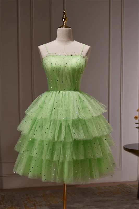 Layered cocktail dress-Green Stars Tulle Ruffle A-line Short Party Dress