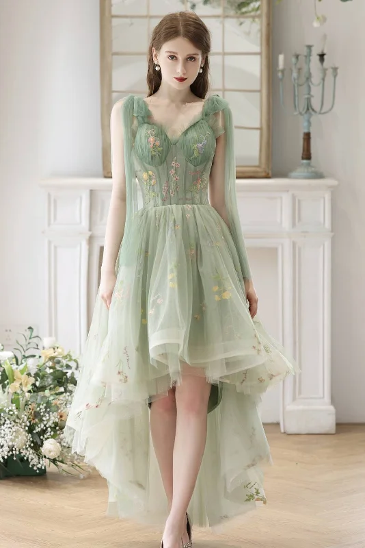 Shimmery cocktail dress-High Low Green Floral Tulle Party Dress