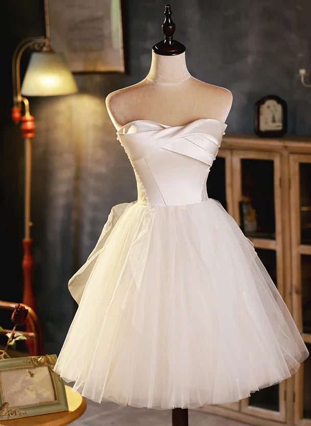 Trendy cocktail dress design-Ivory Tulle and Satin Short Party Dress Homecoming Dress Graduation Dress