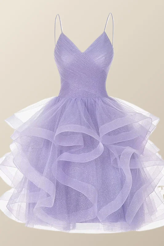 Evening wear cocktail dress-Lavender Ruffles Short A-line Party Dress