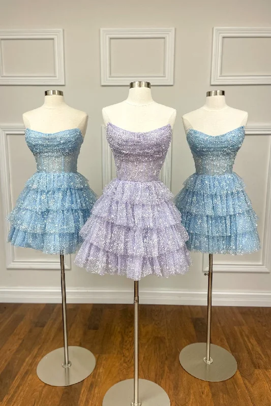 High fashion cocktail dress-Lavender Sparkle Tulle Tiered Short Party Dress