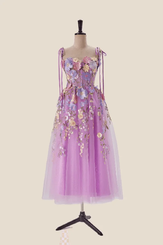 Satin cocktail dress finish-Lilac 3D Floral Tea Length Party Dress