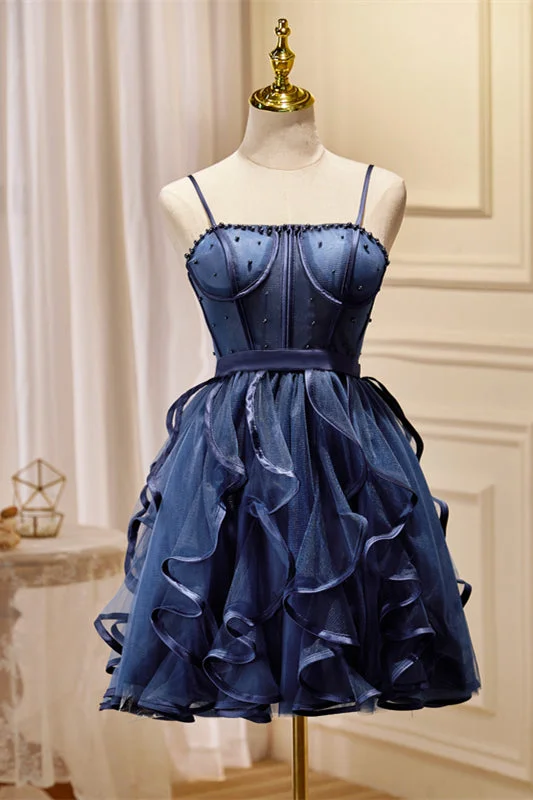 Modern cocktail dress with layers-Navy Blue Beaded Ruffled Short A-line Party Dresss