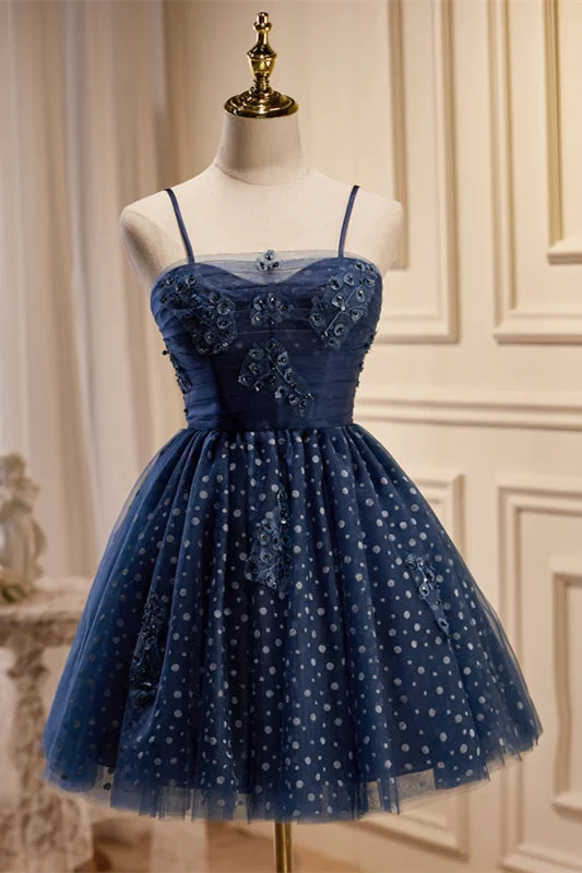 Ruffled cocktail dress design-Navy Blue Straps Polk Dots Short A-line Party Dress