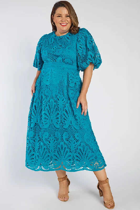 Blue cocktail dress for events-Neva Teal Lace Party Dress