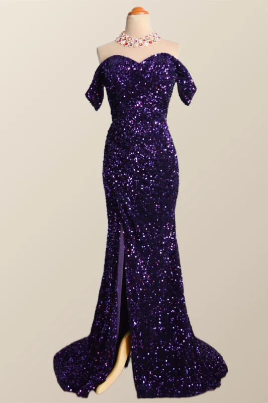 Minimalist cocktail dress-Off the Shoulder Purple Velvet Sequin Mermaid Party Dress