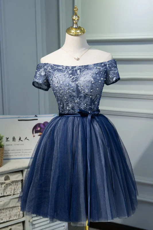 Mermaid cocktail dress style-Off the Shoulder Short Sleeves Navy Blue Tutu Party Dress