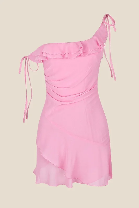 Fringe cocktail dress for events-One Shoulder Pink Ruffle Chiffon Party Dress