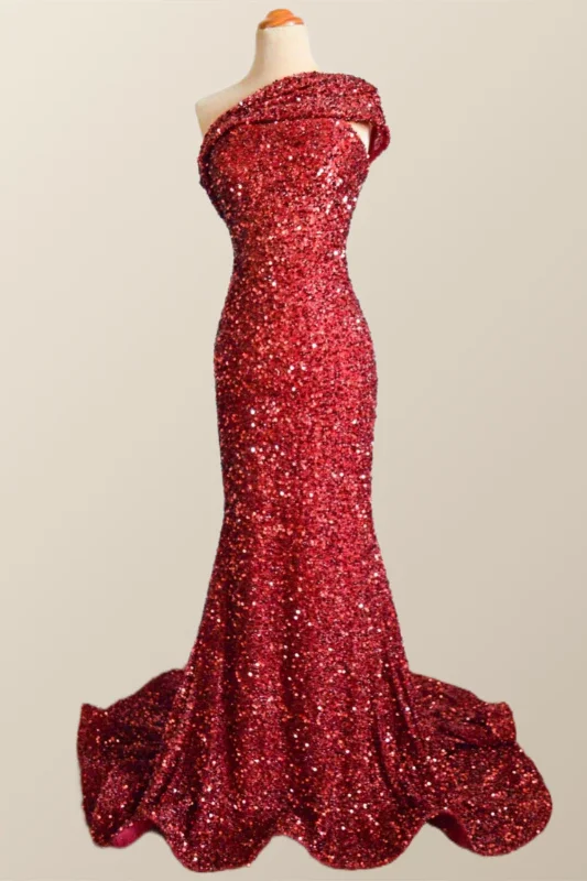 Lace detail cocktail dress-One Shoulder Wine Red Sequin Mermaid Party Dress