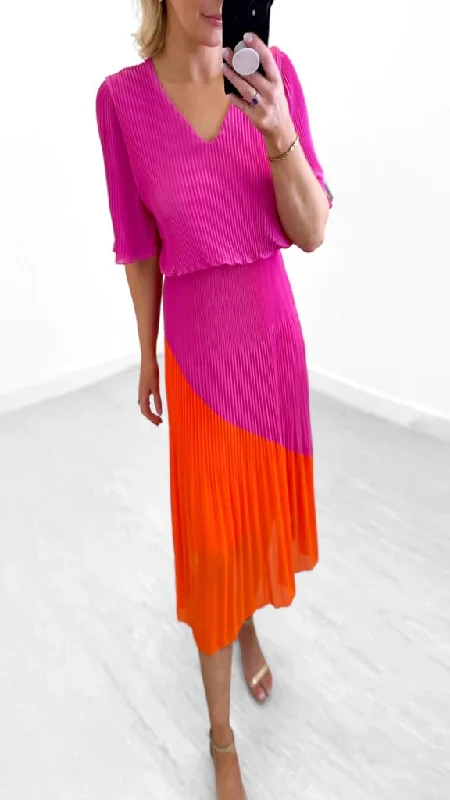 Summer cocktail dress-4-A1656 Pink/Orange Loose Top Pleat Dress