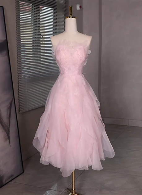 Statement cocktail dress-Pink Tulle Beaded Low Back Short Party Dress Pink Tulle Homecoming Dress