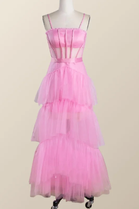 Off the shoulder cocktail dress-Pink Tulle Tiered Ruffle Party Dress