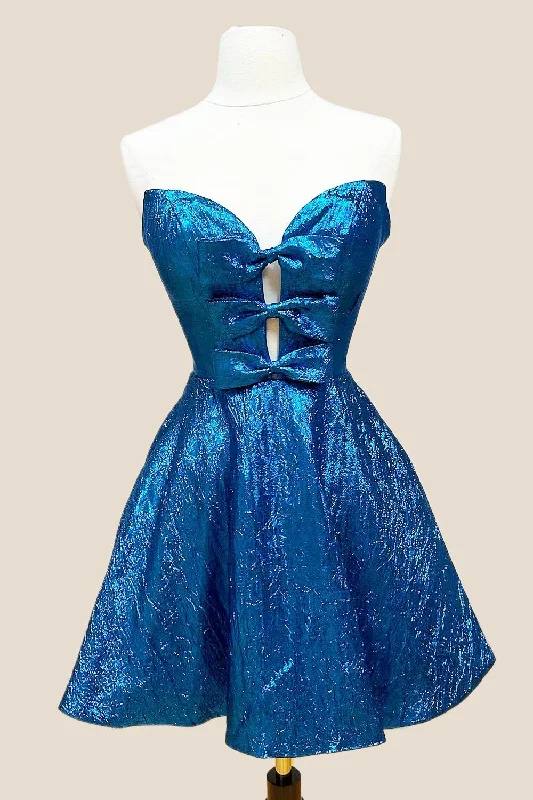 Glamorous cocktail dress-Plunge Neck Blue Short Party Dress with Bow