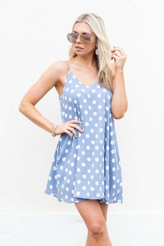 White cocktail attire-Polka Dot Party Dress, Light Denim-Ivory