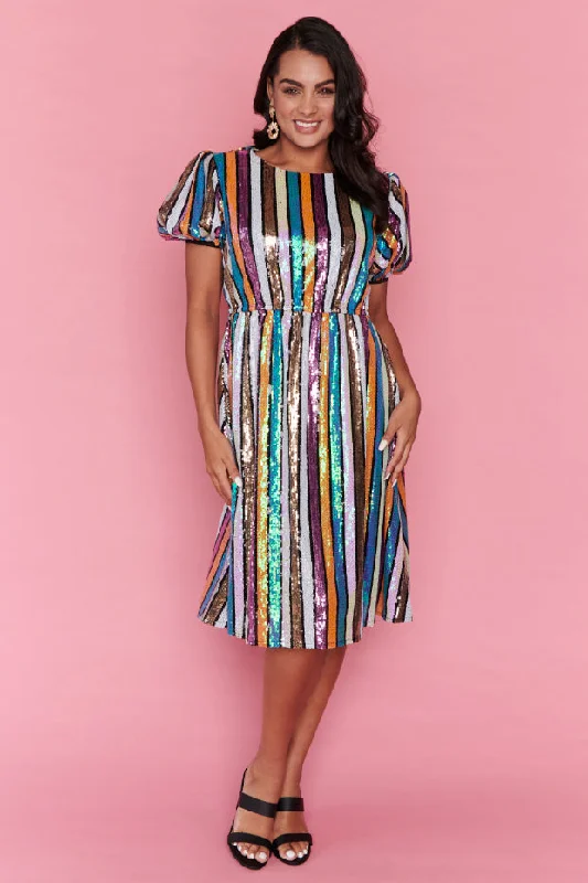 Bow detail cocktail dress-Rainbow Stripe Party Dress