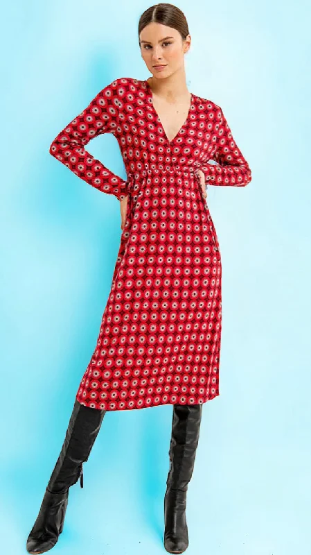 Two-tone cocktail dress-4-A1385 Red Print Faux Wrap Dress