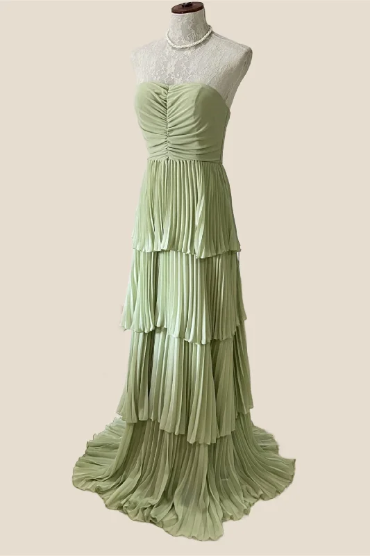 Romantic cocktail dress style-Sage Green Chiffon Pleated Chiffon Tiered Party Dress