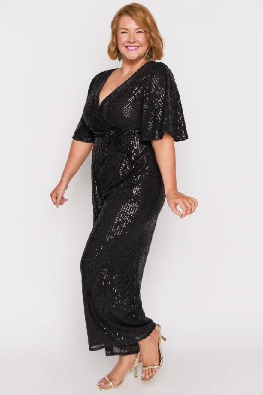 Cocktail dress with crystal embellishments-Skyla Black Sequins Party Jumpsuit