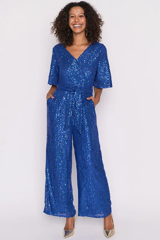 Cocktail dress with embroidery-Skyla Cobalt Sequins Party Jumpsuit