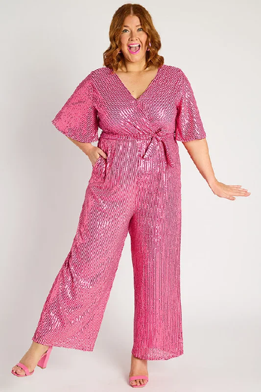 Cocktail dress with floral applique-Skyla Pink Sequins Party Jumpsuit