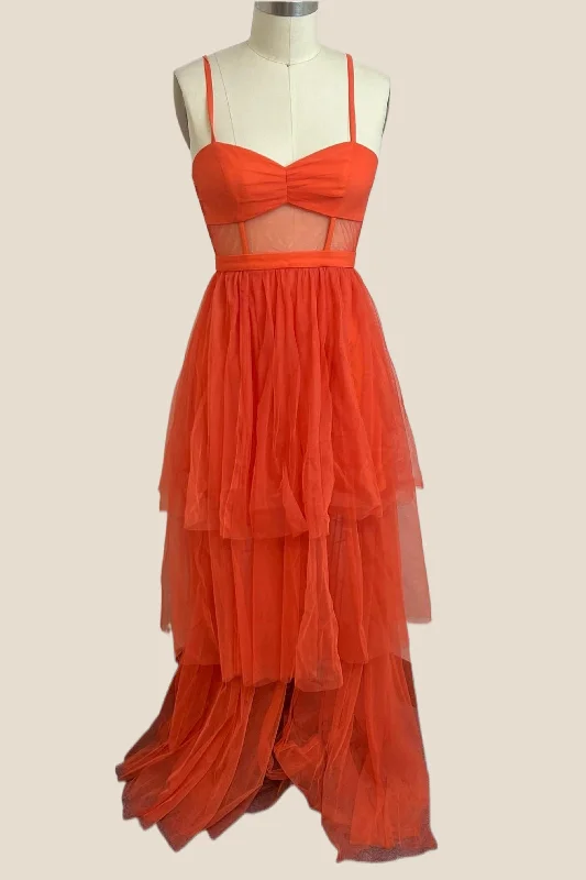 One shoulder cocktail dress-Spaghetti Straps Orange Sheer Corset Tiered Party Dress