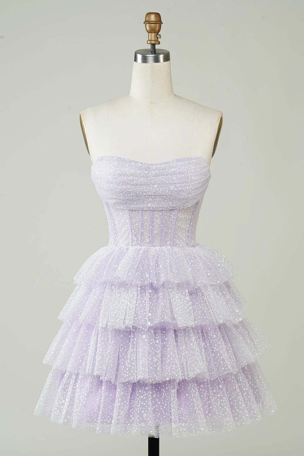 Cocktail dress with keyhole back-Sparkly Purple Corset Tiered Cute Homecoing Dress Strapless Party Dress