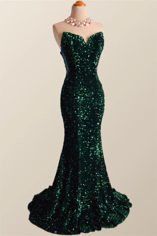 Fashion-forward cocktail dress-Strapless Dark Green Velvet Sequin Mermaid Party Dress