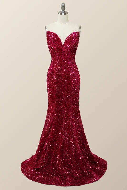 Glam cocktail dress-Strapless V Neck Fuchsia Sequin Mermaid Party Dress