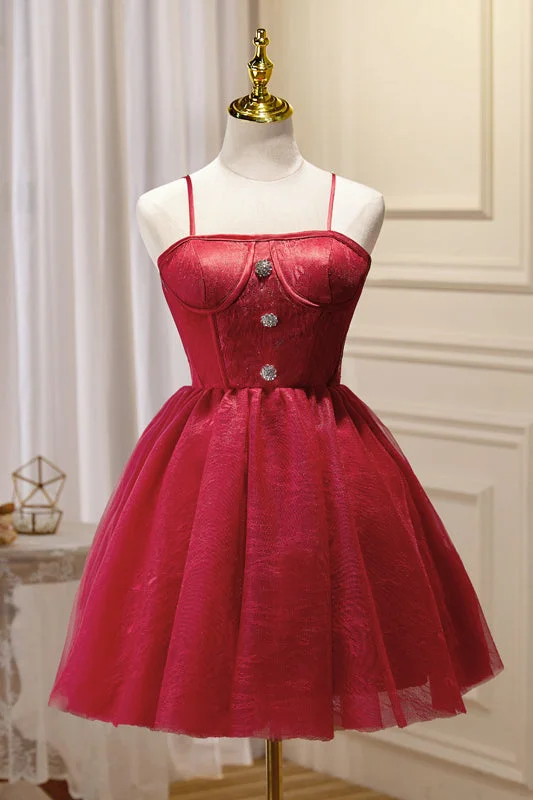 Modern chic cocktail dress-Straps Red A-line Tulle Short Party Dress