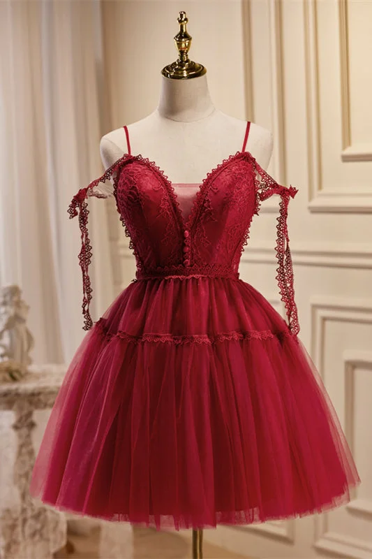 Peplum cocktail dress-Straps Red Lace and Tulle Short Party Dress