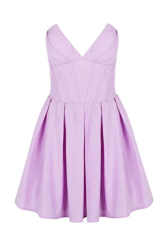 Fringe detail cocktail dress-V-neck Lavender Pleated Short Party Dress