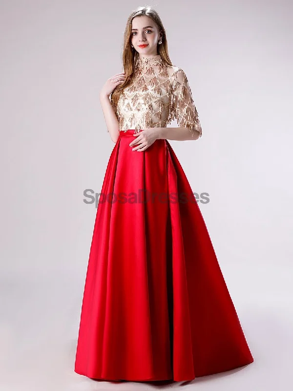 Maxi dress with tulip skirt-1/2 Long Sleeves High Neck Red Skirt Sequin Top Evening Prom Dresses, Evening Party Prom Dresses, 12116