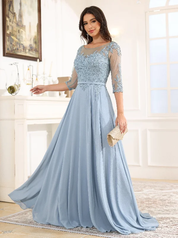 Maxi dress with geometric pattern-3/4 Length Sleeves A-Line Bateau Chiffon Long Prom Dress