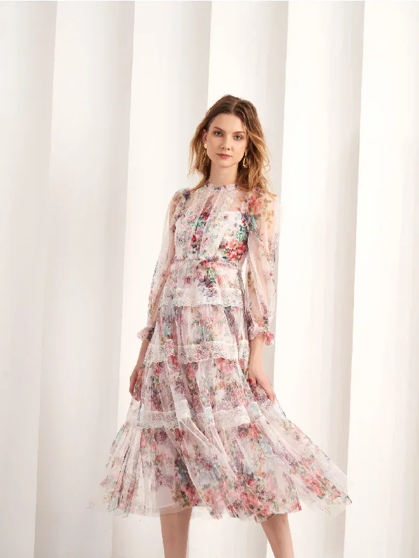 Maxi dress with knot front-3/4 Length Sleeves Floral Printed Tulle with Lace Trims Tea-Length Prom Dresses