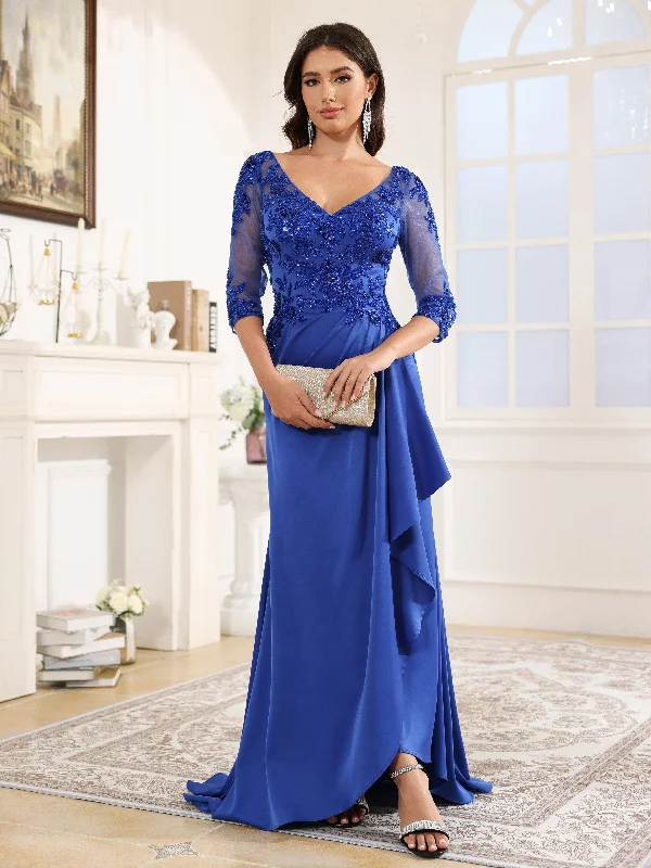 Maxi dress with retro style-3/4 Length Sleeves Sequins Long Satin Prom Dress