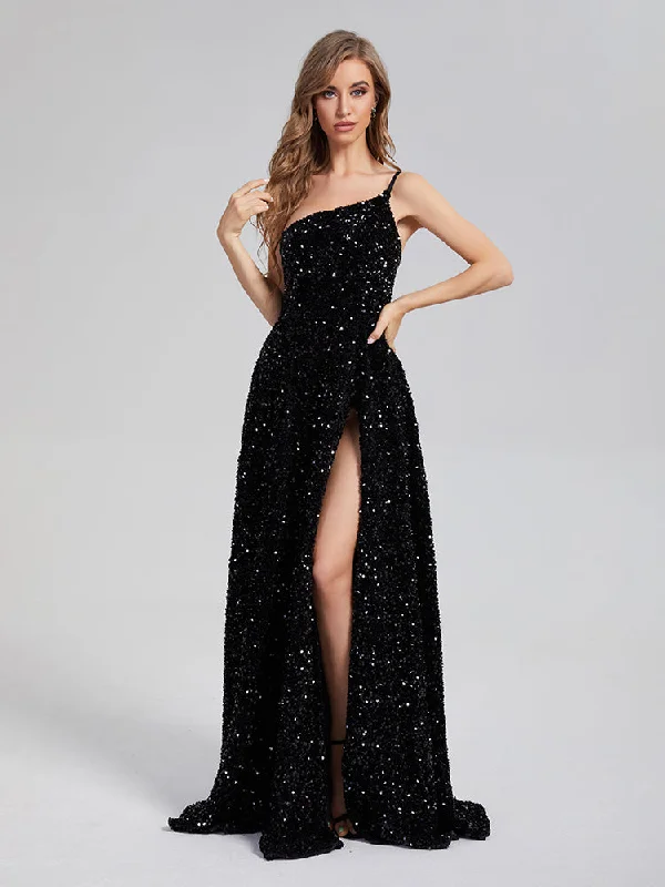 Maxi dress with asymmetrical design-A-Line Charming One Shoulder Sequins Prom Dresses