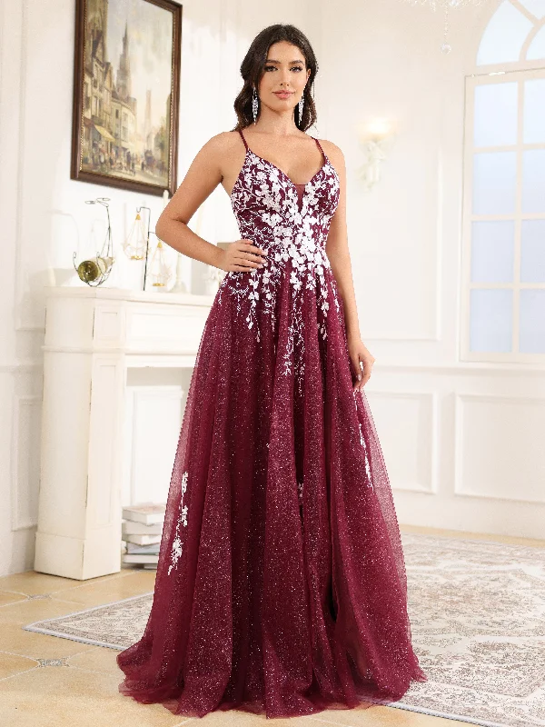 Maxi dress with vibrant colors-A-Line Lace Appliques Spaghetti Straps Tulle Prom Dress With Split