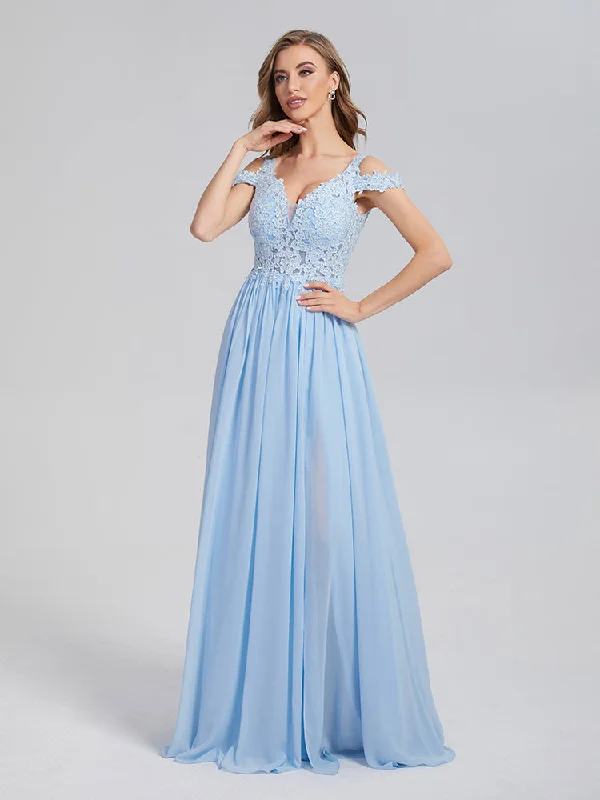 Maxi dress with backless design-A-Line Off the Shoulder Appliques Chiffon Prom Dresses