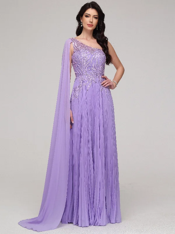 Maxi dress with tulip skirt-A-Line One Shoulder Lace Appliques Floor-Length Chiffon Prom Dress