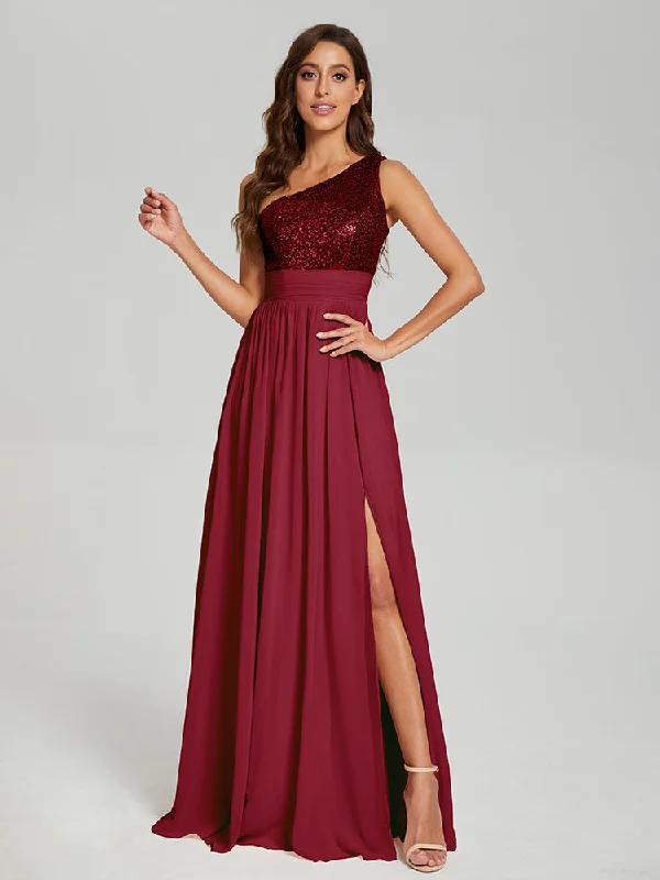 Colorblock maxi dress-A-Line One Shoulder Sequins Prom Dresses With Split