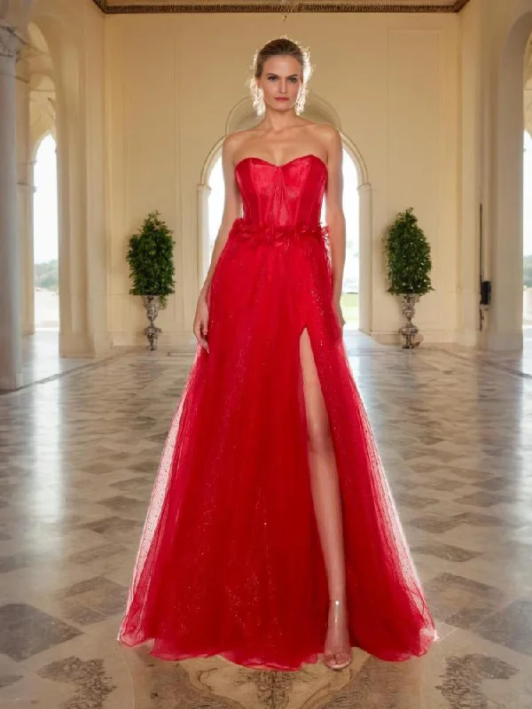 Maxi dress with layered tulle-A Line Red Sweet Heart Long Prom Dresses With High Split