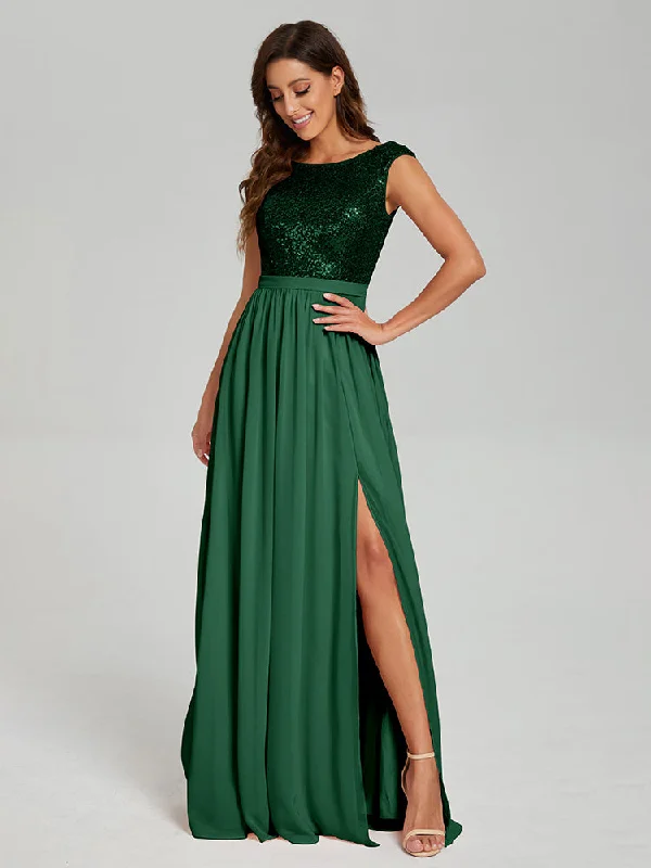 Maxi dress with art deco design-A-Line Round Neck Sequins Prom Dresses With Split