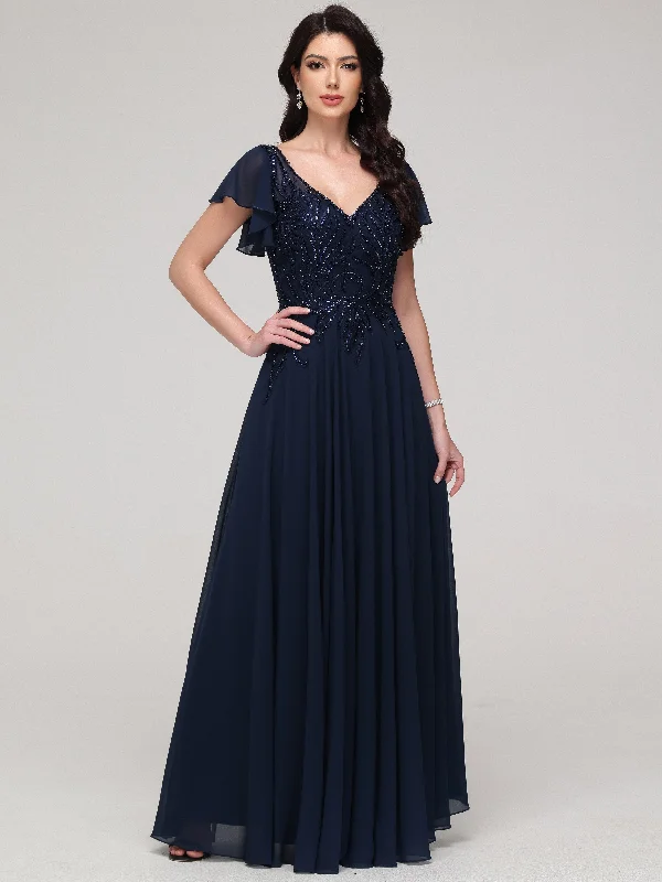 Maxi dress with vibrant colors-A-Line Short Sleeves V-Neck Floor-Length Chiffon Prom Dress