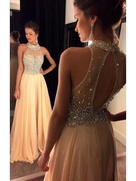 Maxi dress with asymmetrical design-A-line Sleeveless Chiffon Crystal High Neck Sweep Train Prom Evening Dress-318083