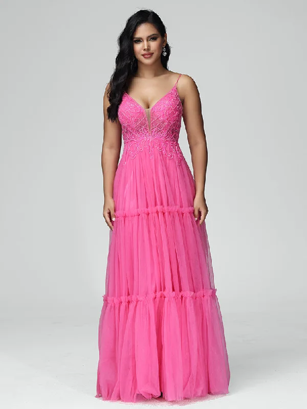 Maxi dress with bishop sleeves-A-line Spaghetti Straps Lace Floor Length Prom Dresses