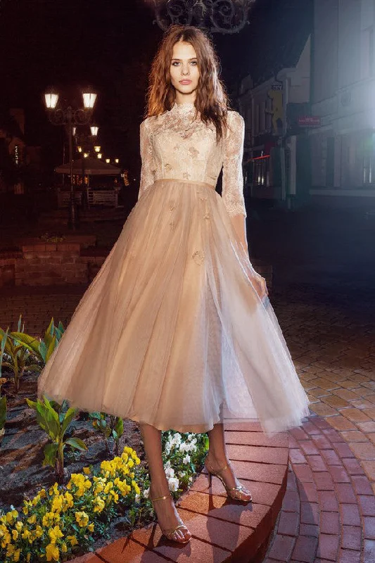 Pleated skirt maxi dress-A-Line Tea-Length High Neck Half Sleeve Tulle Illusion Prom Homecoming Evening Dress With Appliques And Flower-MK_333461