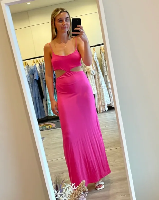 Maxi dress with side pockets-Ankle Length Prom Dresses Fuchsia Spaghetti Straps