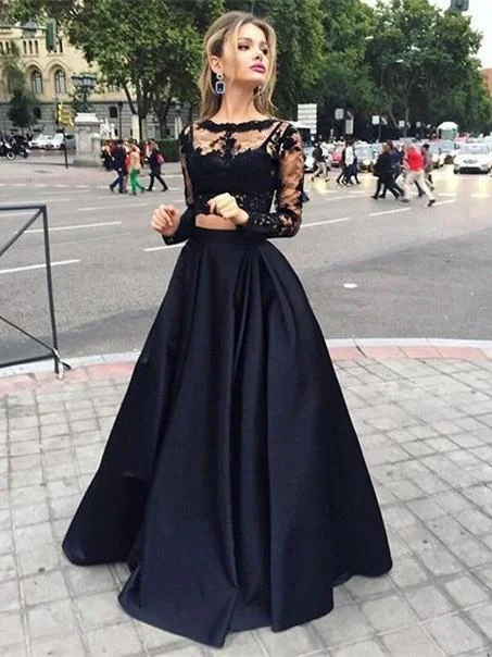 Elegant black maxi dress-Ball Gown Long Sleeves Bateau Satin Floor-Length Dresses-317436