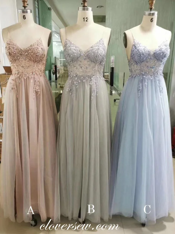 Layered ruffle maxi dress-Bead Spaghetti Strap Tulle See Through A-line Prom Dresses,CP0146